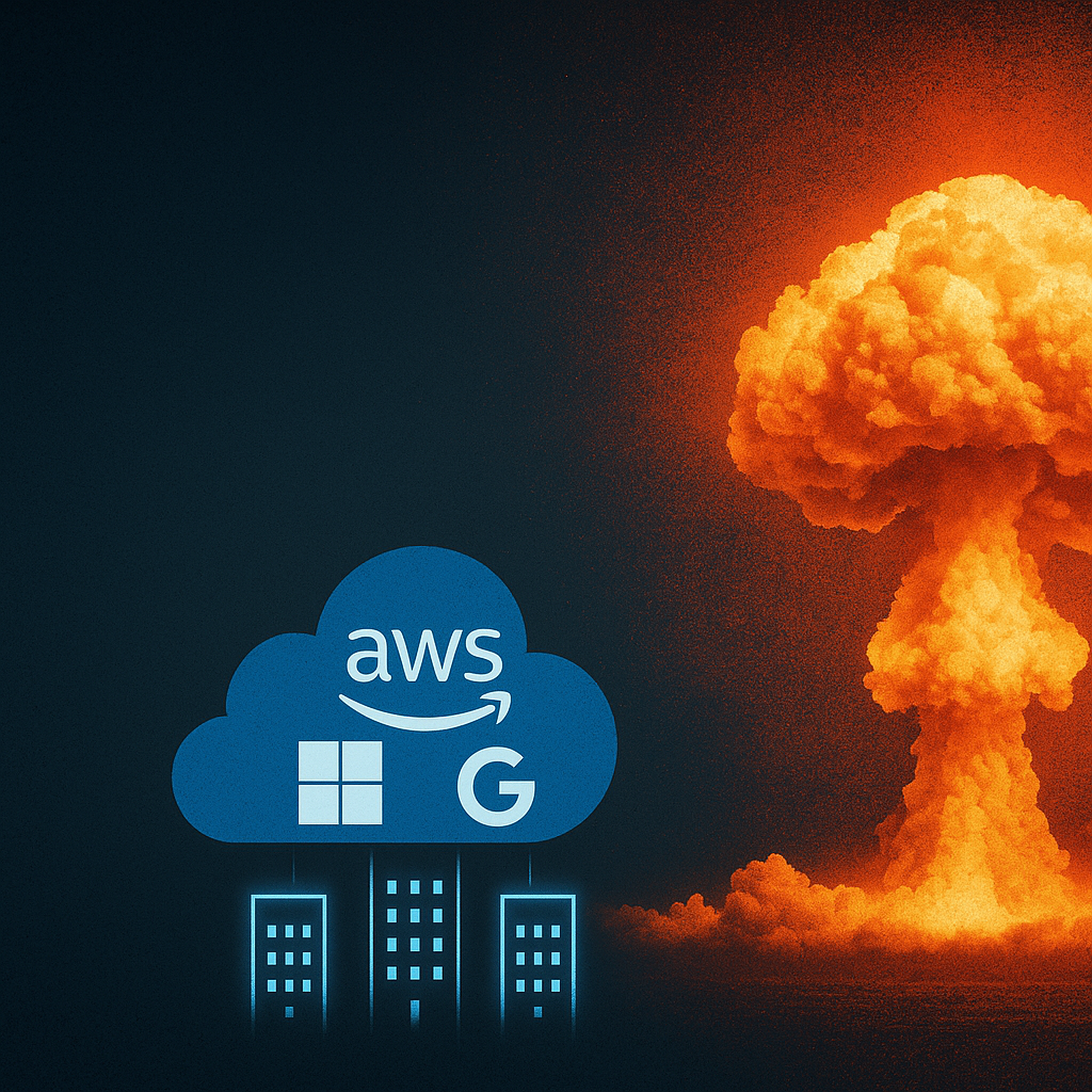 A visual contrast between DARPA's decentralized internet vision and today's centralized cloud infrastructure, featuring tech logos and a nuclear explosion.